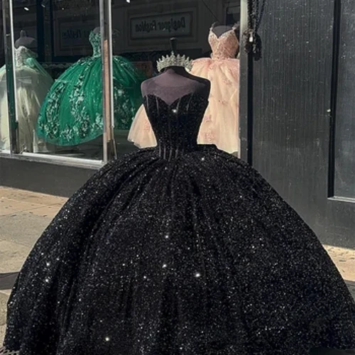 Qora payetli Quinceanera liboslari Balli ko'ylagi 2024 Princess Sweet 16 liboslari Dantelli Tug'ilgan kun Balosi Hashamatli vestido de 15 behi