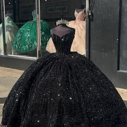 Must Sequin Quinceanera kleidid Ballikleit 2024 Printsess Sweet 16 Kleidid Paeltega sünnipäevakleit Luksuslik vestido de 15 kudoonia