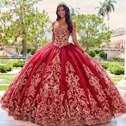 Sarkanas spīdīgas Quinceanera kleitas 16 gadiem meitenēm zelta aplikācijas, mežģīnes ar pērlītēm Tull Princeses balles kleitas dzimšanas dienas izlaiduma kleita vestidos 15
