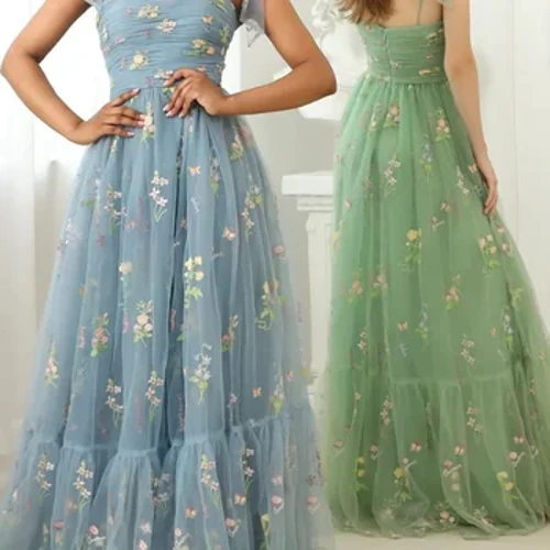 Séiss bestickte kleng Blummen Prom Kleeder Champagne Quinceanera Kleeder Moud Spaghetti Band Buedem-Längt Ballkleeder
