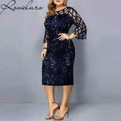 Elegant Sequin Plus Ölçegi 4XL 5XL Aýal-gyzlar Midi köýnek Jynsy tötänleýin agşamlyk partiýa köýnekleri Toý lybasly eşik Rouge Vestidos