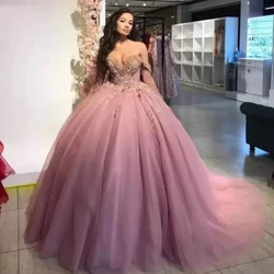 Elegantne ballileit, 15-aastane Quinceanera kleidid, helmestega tolmroosa, õlast maha võetud printsessi sünnipäevapidu