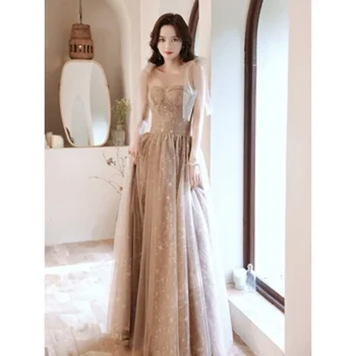 Damen Unterkleid Abendkleid Schlichtes Khaki Ärmelloses Spaghettiträger Bodenlanges A-Linie Verlobungskleid Quinceanera-Kleid