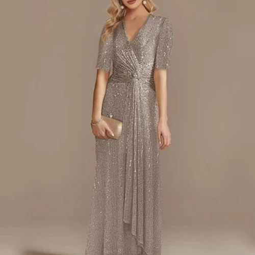 Lucyinlove hyd llawr moethus hyd v-neck ffrog nos 2024 menywod parti cain maxi ffrog sequin llewys byr prom ffrog coctel