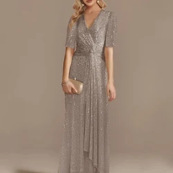 Lucyinlove hyd llawr moethus hyd v-neck ffrog nos 2024 menywod parti cain maxi ffrog sequin llewys byr prom ffrog coctel