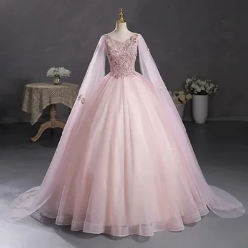 BOMARIS Scoop Neck Ball Gown Quinceanera kleidid Cape Vestidos De 15 Anos Vintage 3D lillega sünnipäevaks printsessi peokleitid