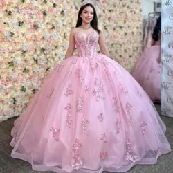 2024 Pink Quinceanera haljine sa sjajnim perlama Crystal Court Train Svečane balske haljine za djevojčice rođendanske haljine