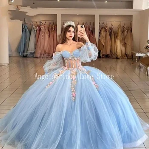 Angelsbridep Romantesch Himmelblo Kugelkleed 15 Joer al Quinceanera Kleed Puff Sleeve Robes De Soiree Party Kleeder Fir Fraen 2024