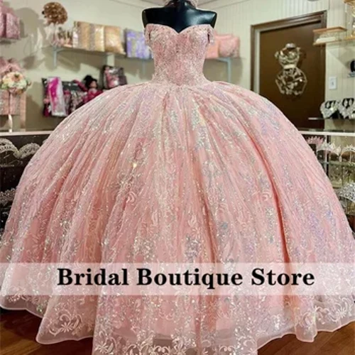 Màu Hồng Lấp Lánh Ngọt Ngào 16 Bầu Quinceañera Áo Đính Hạt Kim Sa Lấp Lánh Đầm Midi De 15 Anos Buộc Dây
