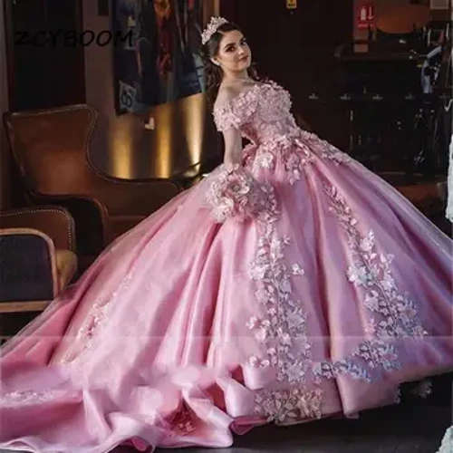 2023 Pink Quinceanera Kjoler Off The Shoulder Applikationer Vestidos De 15 Formel Elegant Prinsesse Festkjole Sød balkjole