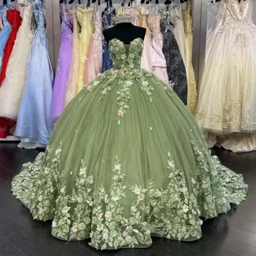Yashil ko'ylak Kinceanera liboslari Sevgilim 3D gulli Tug'ilgan kuni raqs partiyasi Vestidos de Quinceañera