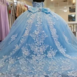 Небесно-голубые платья Quinceanera в Саудовской Аравии, кружевные платья с открытыми плечами и аппликацией, милые 16-летние девушки, вечерние платья на день рождения, 15 Quinceanera 2024