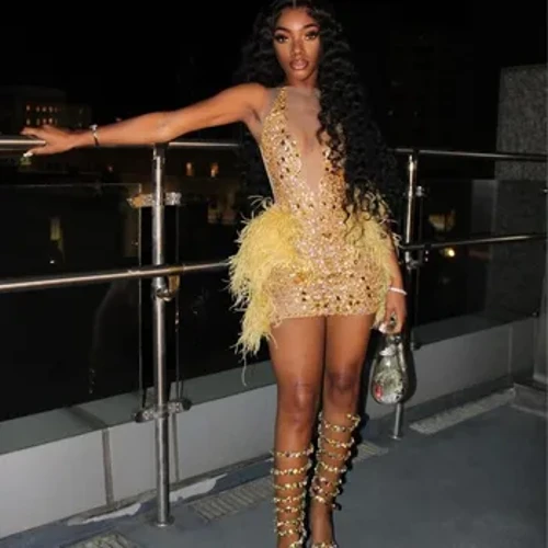 Robe de bal courte dorée scintillante, robe de bal de luxe, diamant, cristal, perles, maille transparente, robe d'anniversaire