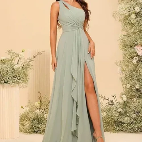 Vestido de dama de honra de chiffon com plissado, um ombro, vestidos formais longos para mulheres com fenda, nova primavera 2024
