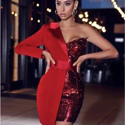 Chất Lượng Cao Màu Đỏ Bạc Đêm Một Tay Lấp Lánh Sequin Crepe Tuxedo Áo Đầm Bé Gái Thời Trang Đảng Mặc