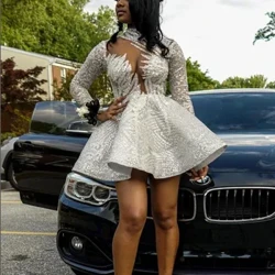 Perak Sparkly Pendek Prom Homecoming Gaun Lengan Panjang Gillter Payet Rok Bengkak Gaun Pesta Ulang Tahun vestidos de festa