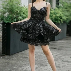 Appliqués Spaghetti Ban Appliqués Sequins Ag Teacht Abhaile Ruffles Gearrtha Gan Cúl Srathach Prom Gúnaí Cocktail Cóisir Foirmiúil