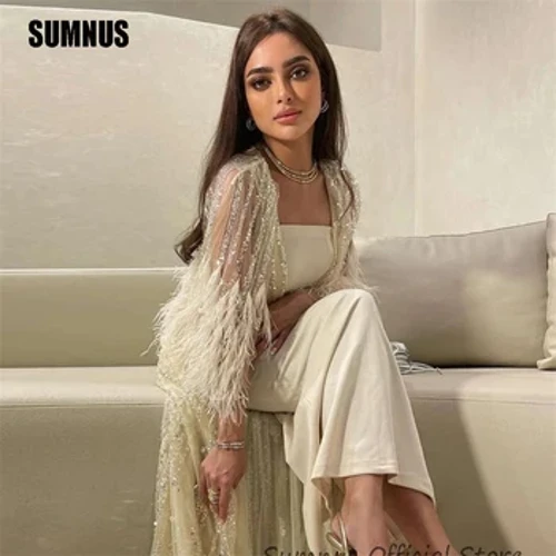 SUMNUS Luksus paljettkjoler Havfrue Vintage Fjær Beis Saudi Arabia Robes De Soirée Abendkleider Dubai festkjole
