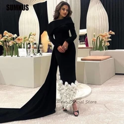 SUMNUS Diseinu berria Gaueko soineko beltzak Saudi Arabiar Emakumeak Eskuz egindako loreak Sorbaldaz kanpoko mahuka luzeak Okasio formalak Prom soinekoak