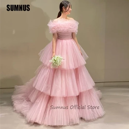 I-SUMNUS I-Pink Gorgeous Pink Tiered Tulle Prom Evening Dresses Wedding Photoshoot yase-Korea Ehlombe Izingubo Zephathi Ye-Princess Layered