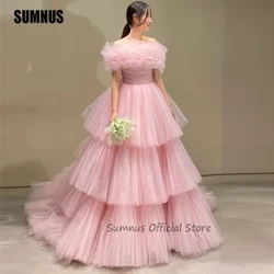 SUMNUS Màu Hồng Tuyệt Đẹp Tầng Nếp Gấp Voan Vũ Hội Váy Ngủ Cưới Buổi Chụp Hình Hàn Quốc Lệch Vai Công Chúa Lớp Đảng Đồ Bầu
