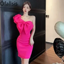 Ofallsis atirgul pushti seksi bir yelka kamonli qisqa partiya liboslari 2024 yozgi yangi sexy koreys chic tor bel nozik o'ralgan kestirib ko'ylaklar