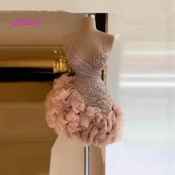 Izingubo Zokubuya Ephathini Encane Eyizintuli Ama-ruffles Ama-sequin Izingubo Ezimfushane ze-Prom Halter I-Sexy Back I-Cocktail Usaziwayo Vestido de festa