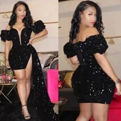Ingubo Enhle Eye Glitter Emnyama Eya Ekhaya Iyacwebezela Izingubo Ezimfushane ze-Prom 2024 Ingubo yephathi ye-Zipper Long Puffy Sleeves Ingubo ka-De Soiree