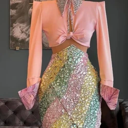 vestidos de gala Pink Short Prom Nguo za Kuingia Nyumbani Mikono Mirefu Vipande viwili Skirt ya Kioo yenye Shanga Gauni la Kuzaliwa la Jioni
