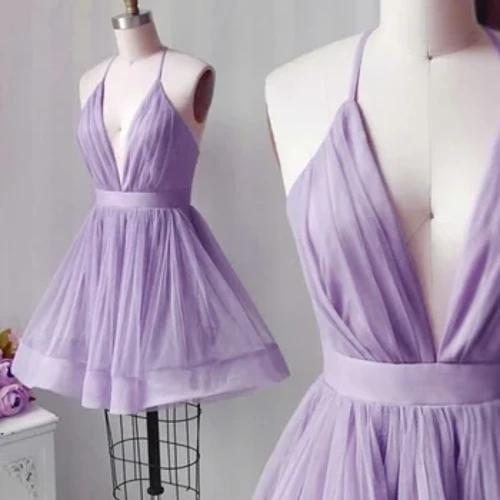 Jübüler bilen gysga Şiffon V-Boýun Öýden gelýän köýnekler, Dyzynyň uzynlygy Dyrnagyň uzynlygy Lilac Abendkleid Robes de Soirée