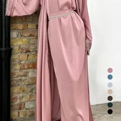 Ramazon kebaya zanjiri atlas kimono 2 qismli Abaya to'plami Turkiya islom liboslari Musulmon liboslari Ayollar uchun Abayas Robe Femme Musulmane Kaftan