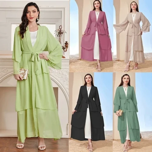 Ramadan kebaya Abaya em camadas com frente aberta, vestido de manga comprida com cinto, sem hijab, roupas femininas