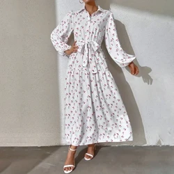 Ramadan Abaya blommig tryckknapp framklänning, ledig klänning med lykta ärm för vår och höst, damkläder Kebaya Kaftan