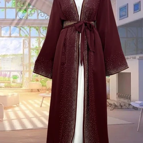 Gwerthu Poeth Ffrogiau Islamaidd Ramadan Rhinestone Aberteifi Gyda Phocedi Kebaya Mwslimaidd Kimono Abaya Dubai Dillad Cymedrol Merched Coch