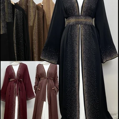 Gwerthu Poeth Ramadan Rhinestone Cardigan Ffrogiau Islamaidd Gyda Phocedi Kebaya Mwslimaidd Kimono Abaya Dubai Dillad Cymedrol Merched EID