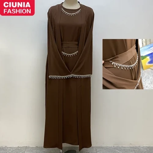 Ramadan Abaya Dubai Luxury 2 Chain Nida Turkey Modesty Robe Элегантны з кішэнямі Мусульманскія камплекты Кімано Кафтан Islam Khimar Kebaya
