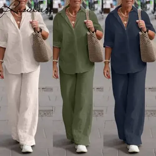 2023 Kemeja Lengan Panjang Kasual Lebar Kaki Celana Setelan 2 Sepotong Set Pakaian Wanita Plus Ukuran Pakaian Wanita 5XL 4XL Streetwear