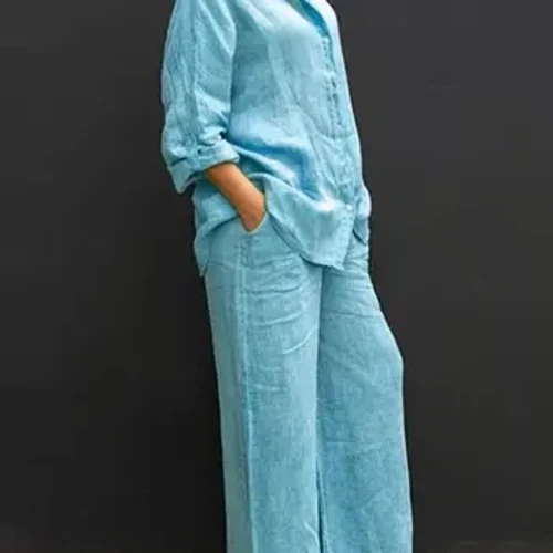 Vải Lanh Ve Áo Hai Mảnh Bộ Thu Vintage Màu Trơn Dài Tay Phối Nút Áo Nữ Dáng Rộng Thẳng Quần Phù Hợp Với