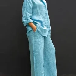 Set di due pezzi con risvolto in lino autunno vintage tinta unita camicia a maniche lunghe con bottoni camicetta da donna pantaloni larghi dritti casual