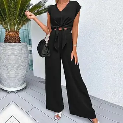 Bộ đồ nữ hàng đầu có nút thắt dây thanh lịch Bộ quần áo nữ có cổ chữ V thiết kế ống rộng để mặc công sở Trang phục thường ngày cho nữ