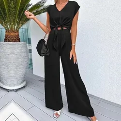 Abesifazane Amabhulukwe Aphezulu Asutha Ifindo Elinhle Leleyisi Ibhulukwe Eliphezulu Labesifazane Isethwe nge-V Neck Wide Leg Design ye-Office Wear Izingubo Ezivamile Zabesifazane