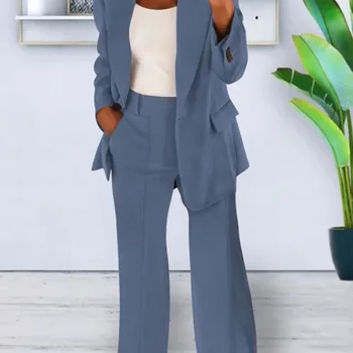 I-Autumn Winter Solid Color Blazer Yabesifazane Isudi Yemikhono Emide Ilula Imfashini Evamile Evamile Ephaketheni Isimo Sokushisa Ibhulukwe Lehhovisi Labesifazane 2 Isethi Yezingcezu