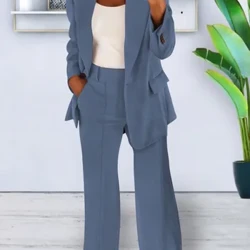 Musim Gugur Musim Dingin Warna Solid Blazer Wanita Setelan Lengan Panjang Sederhana Kasual Saku Fashion Temperamen Wanita Celana Kantor 2 Sepotong Set