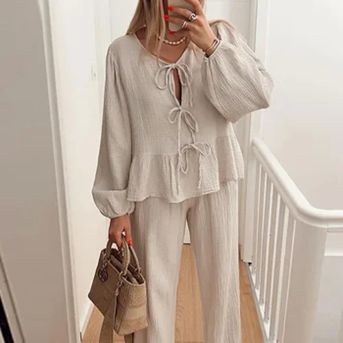 Áo Sơ Mi Thanh Lịch Quần Bộ Nữ 2 Miếng Chắc Chắn Tay Dài Cổ Tròn Phối Ren Áo Rời Quần Bộ Mùa Xuân 2024 trang Phục Thường Ngày