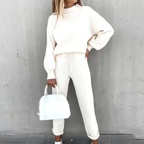 Women's High Collar Sweater at Pantalon Set, Casual, Purong Kulay, 2-Piyesa, Taglagas at Taglamig, 2024