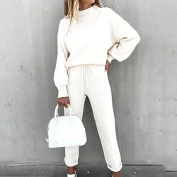 Conjunto feminino de suéter e calças com gola alta, casual, cor pura, 2 peças, outono e inverno, 2024