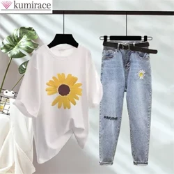 2022 Summer New Elegant Women's Pants Set Daisy Loose Pu'upu'u Lima Mitiafu Jeans Vaitausaga lua Seti tama'i ofuvae pito i luga.