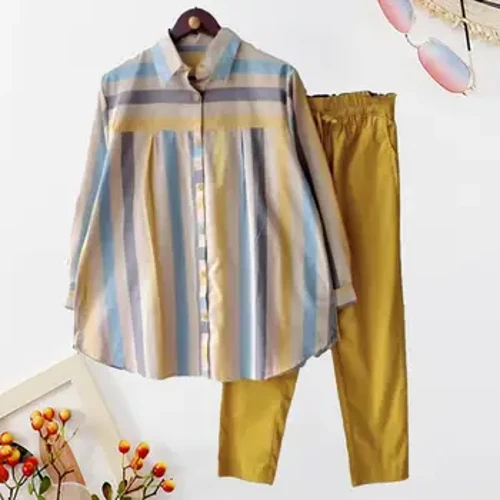 Imbracaminte de vara pentru dama tinuta dama ocazional cu rever cu mâneca lunga camasa pantaloni 2 piese set moda camasa cu dungi Set pantaloni