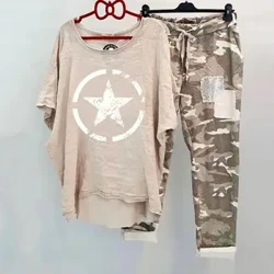 Camouflage Suti ya Wanawake Suti ya Majira ya Kiangazi ya Kawaida Seti Shingo ya Mviringo Imechapishwa Nguo Nyepesi za Michezo Nguo za Mitindo Uchapishaji Mbili