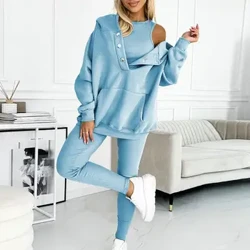 Kvinner hettedress Langermet Pocket Pullove Topp Dame 3-delt hettegenser Vest Bukser Set Myk Tykk Varm Elastisk midje Sport